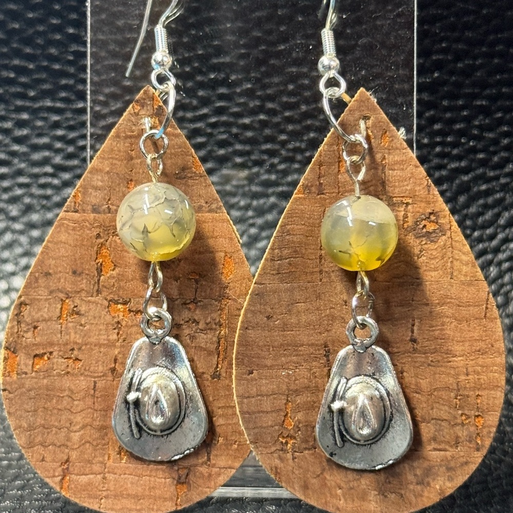 Handmade brown western cowboy hat teardrop cork earrings